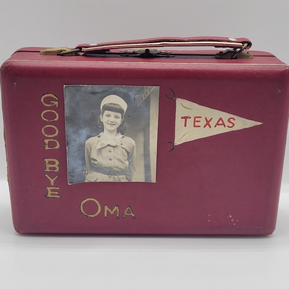 VTG RARE Small Wood DARK Red SuitcaseTexas JAPAN Letters Design Multipurpose Box